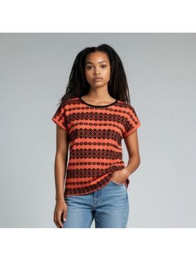 Kensie Coral  Black Lace Overlay Top Short Sleeve Stretchy Size S